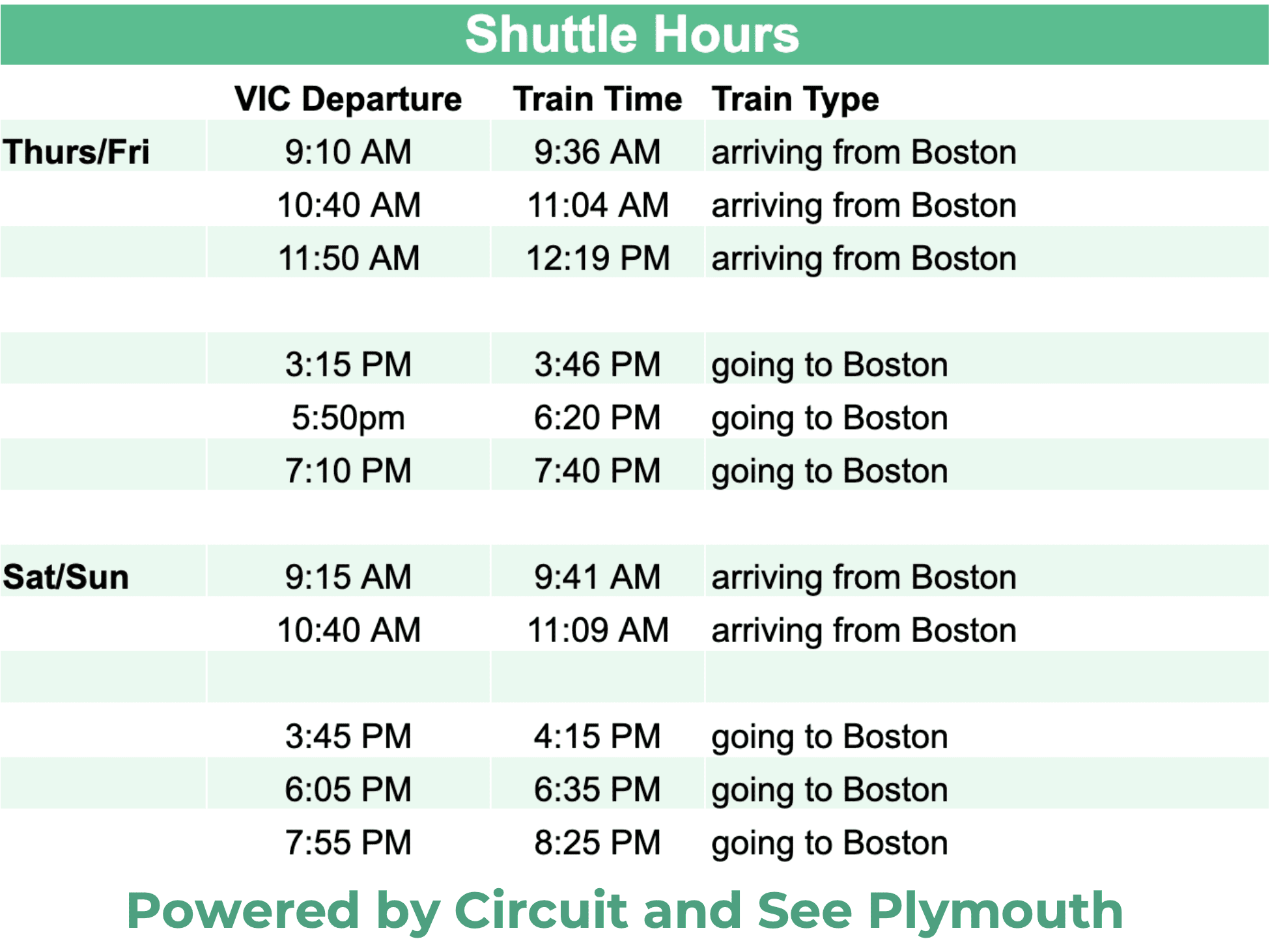 Ride Circuit shuttle times between Plymouth Visitor Center and Kingston Station